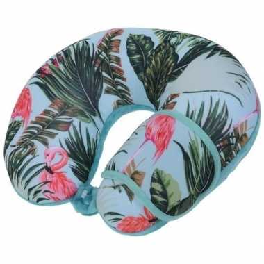 Blauw nekkussen reiskussen en slaapmasker flamingos