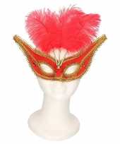 Oogmasker rood goud met veren voor volwassenen