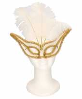 Oogmasker wit goud met veren voor volwassenen